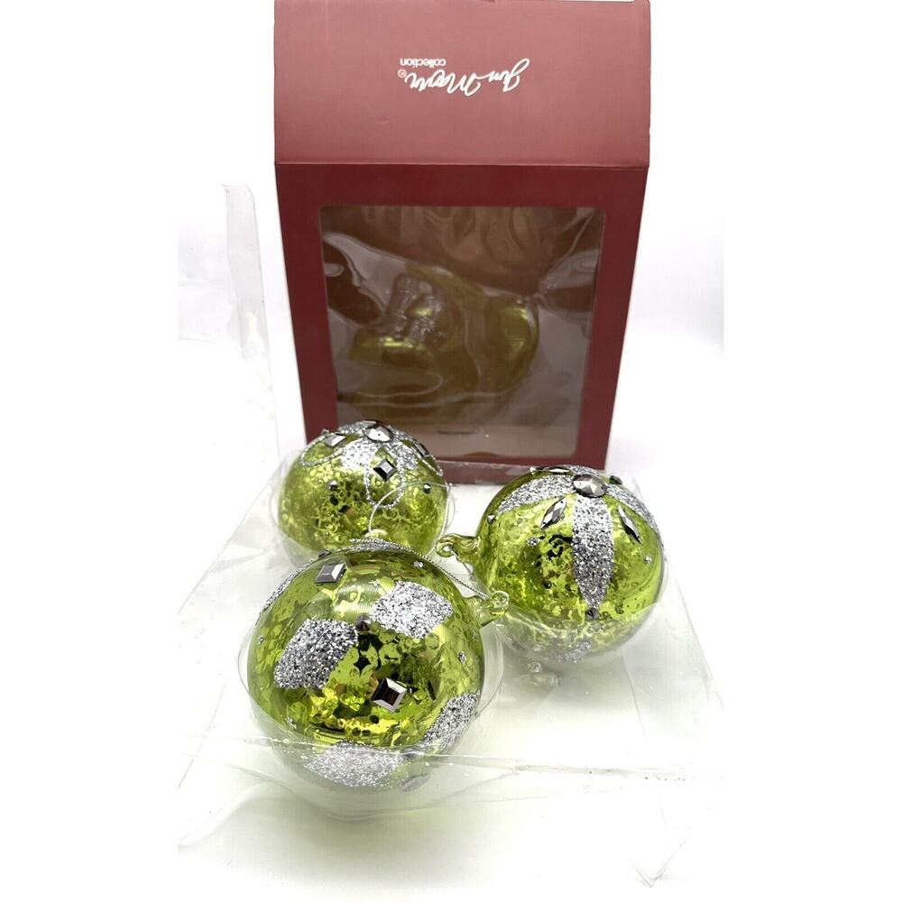 JIM MARVIN Iridescent Handblown Glass 4” Green Glass Jeweled Christmas Ornaments